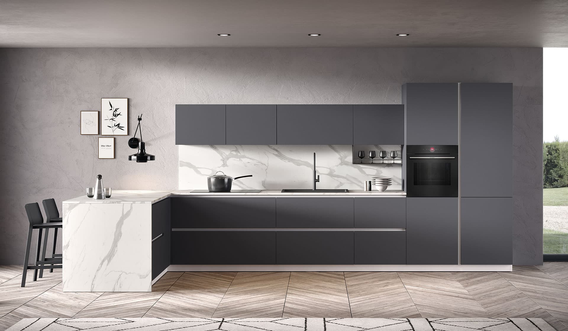 Cucina ad angolo antracite con marmo bianco