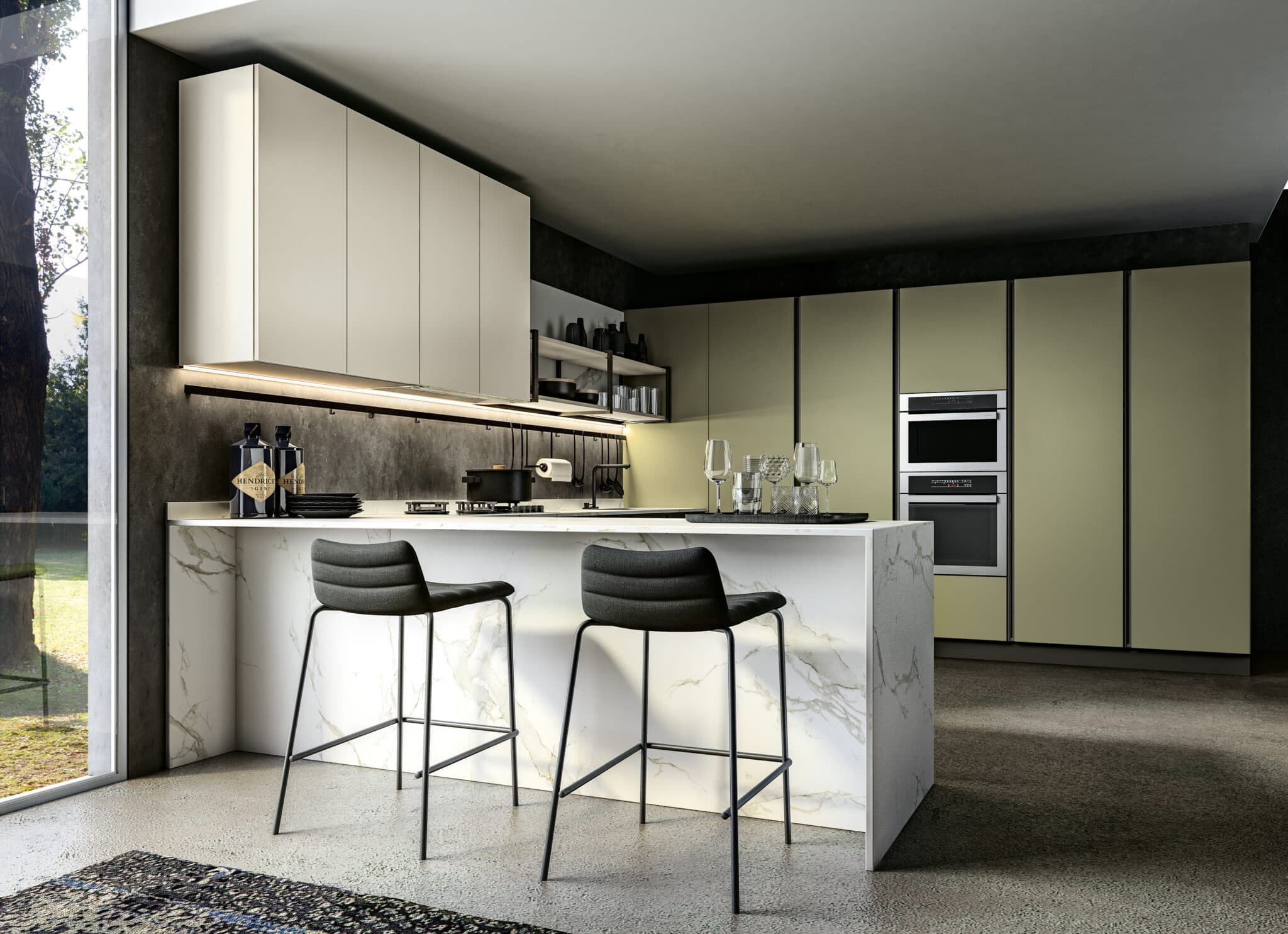Cucina ad angolo crema con penisola marmo