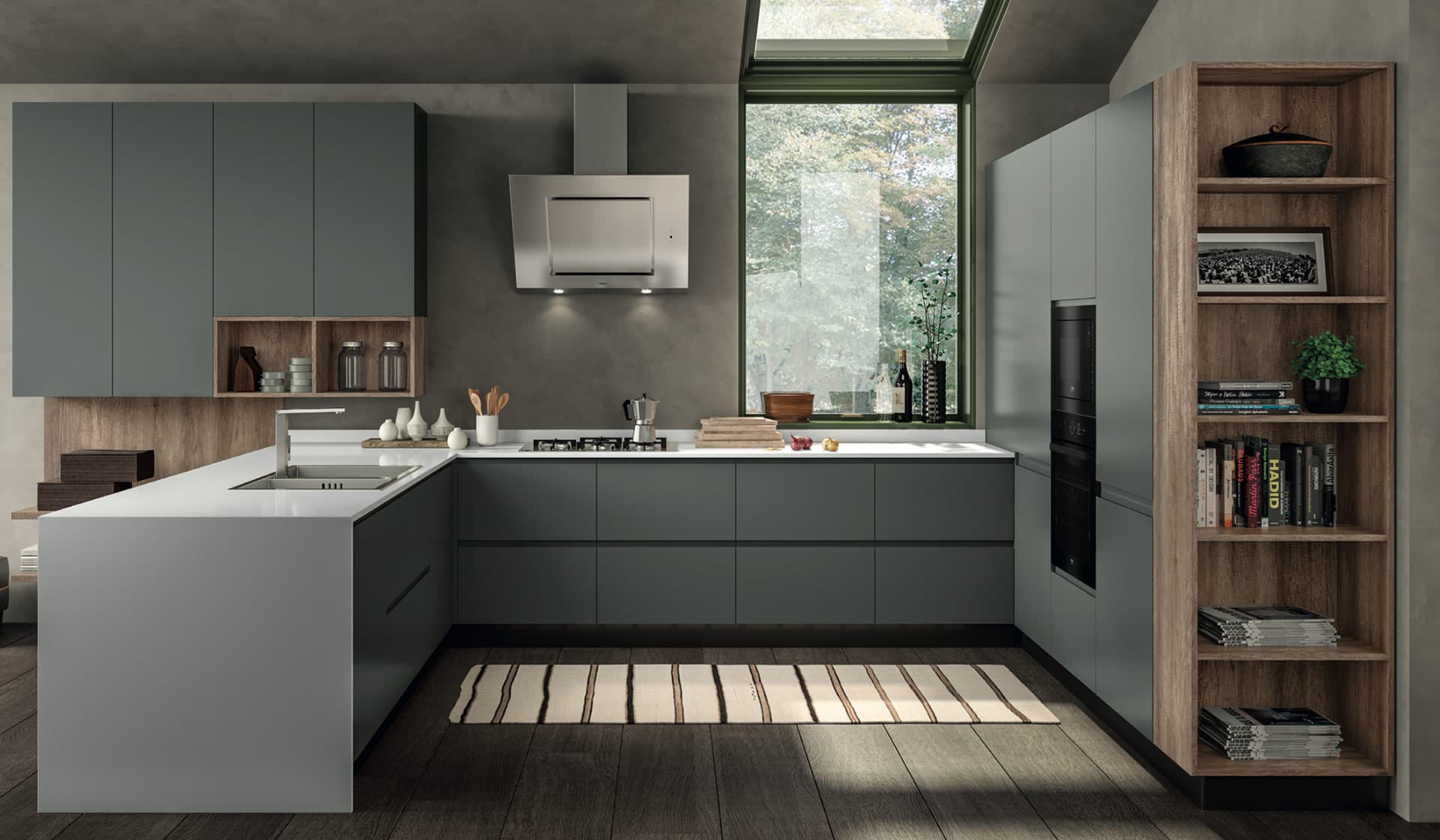 Cucina ad angolo verde salvia con penisola