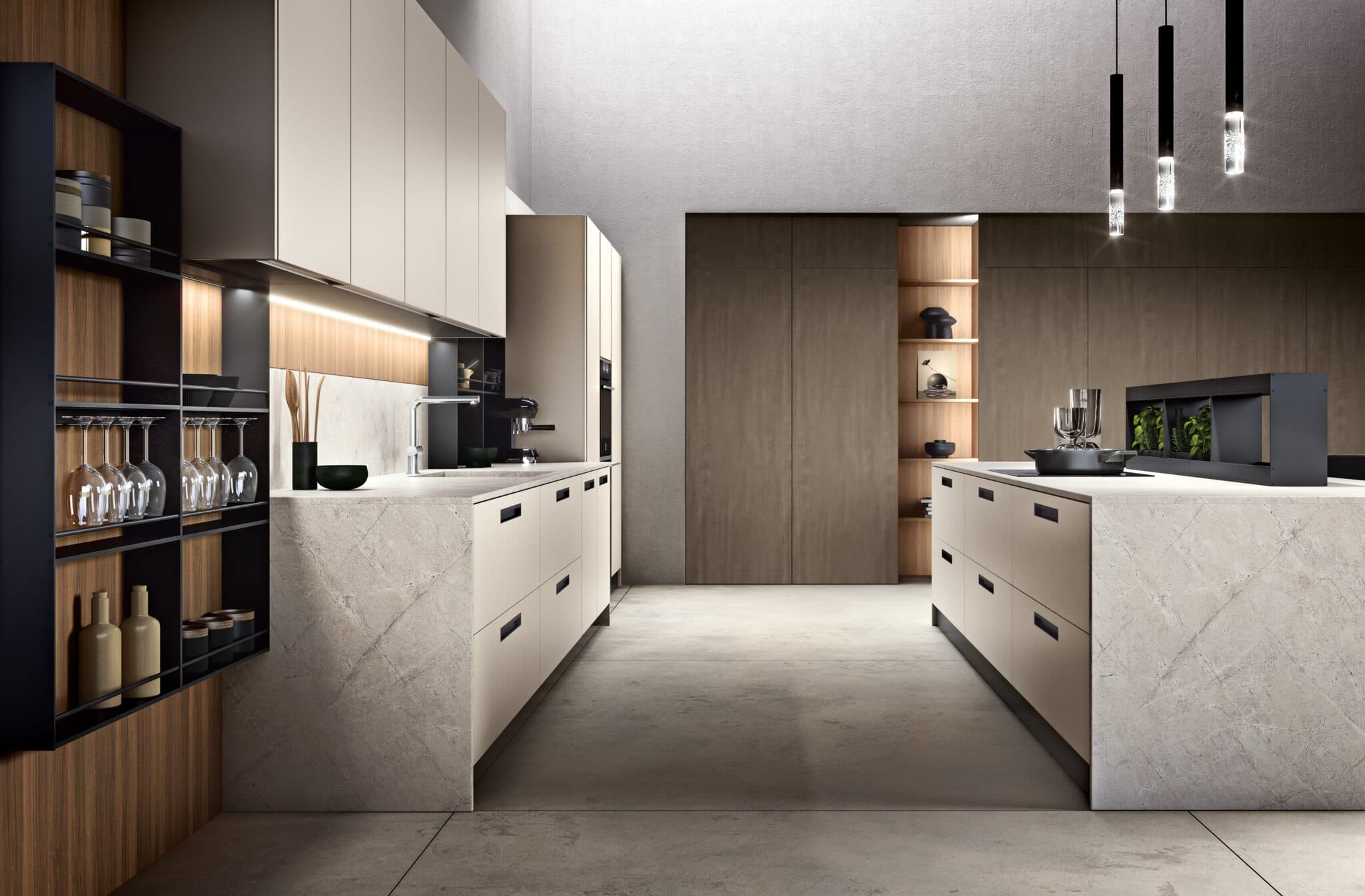 Cucina con isola e top in pietra