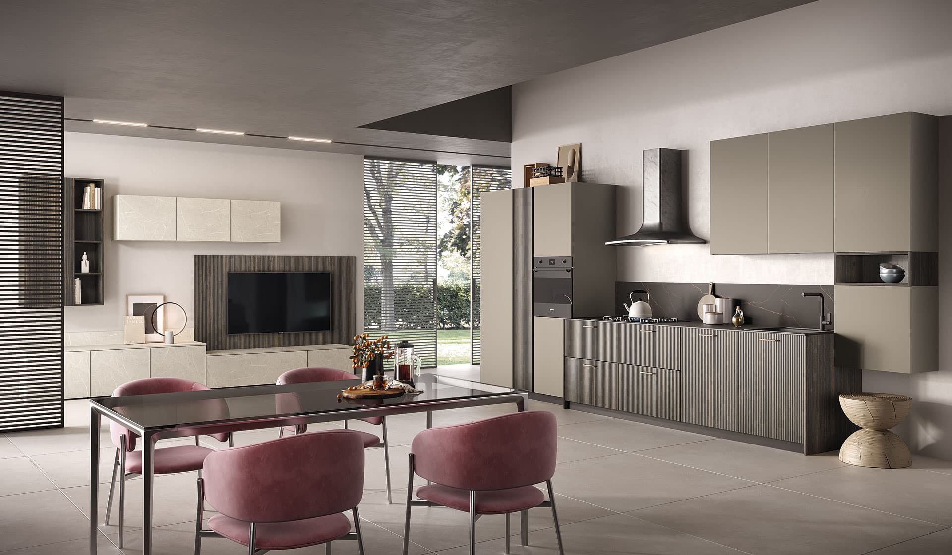 Cucina lineare taupe con soggiorno coordinato