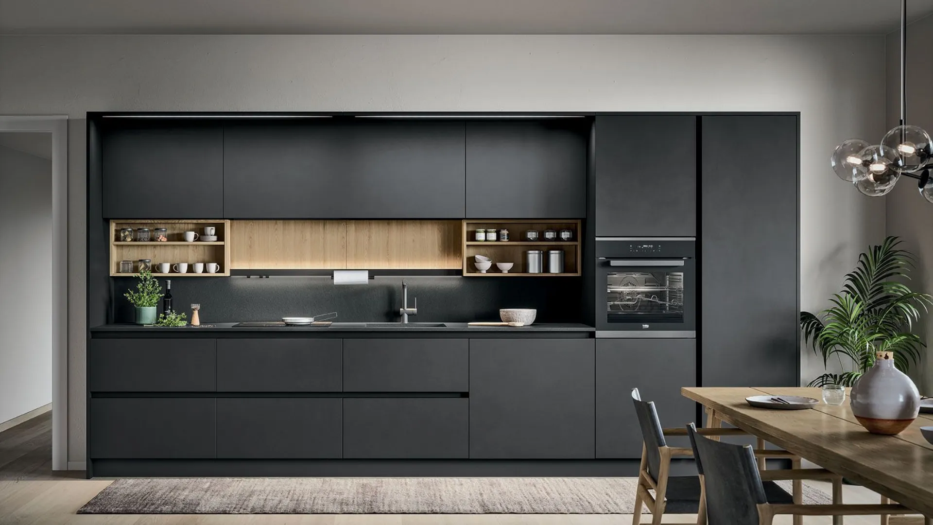 Cucina lineare nera con accenti legno