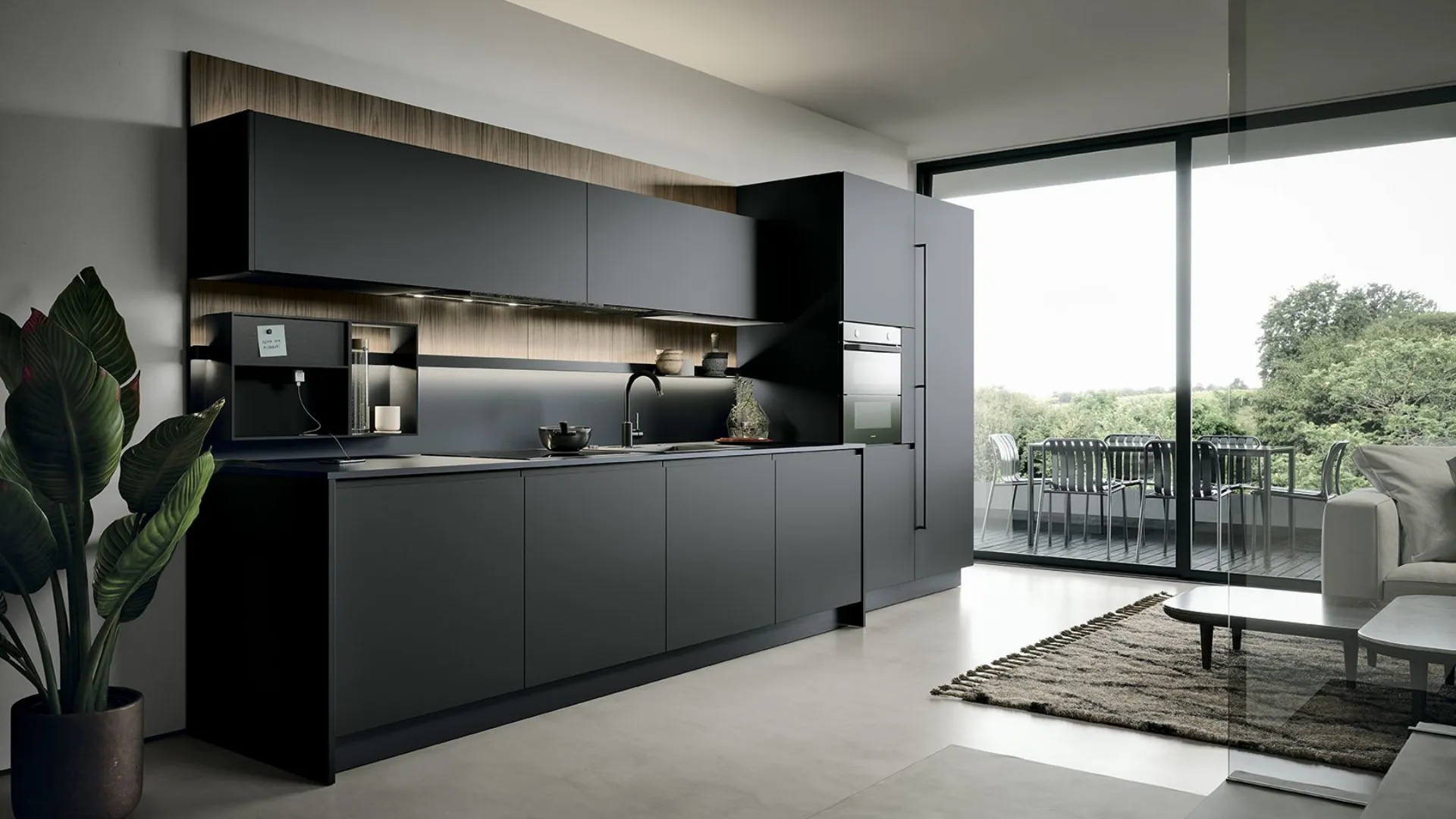 Cucina lineare antracite moderna con LED