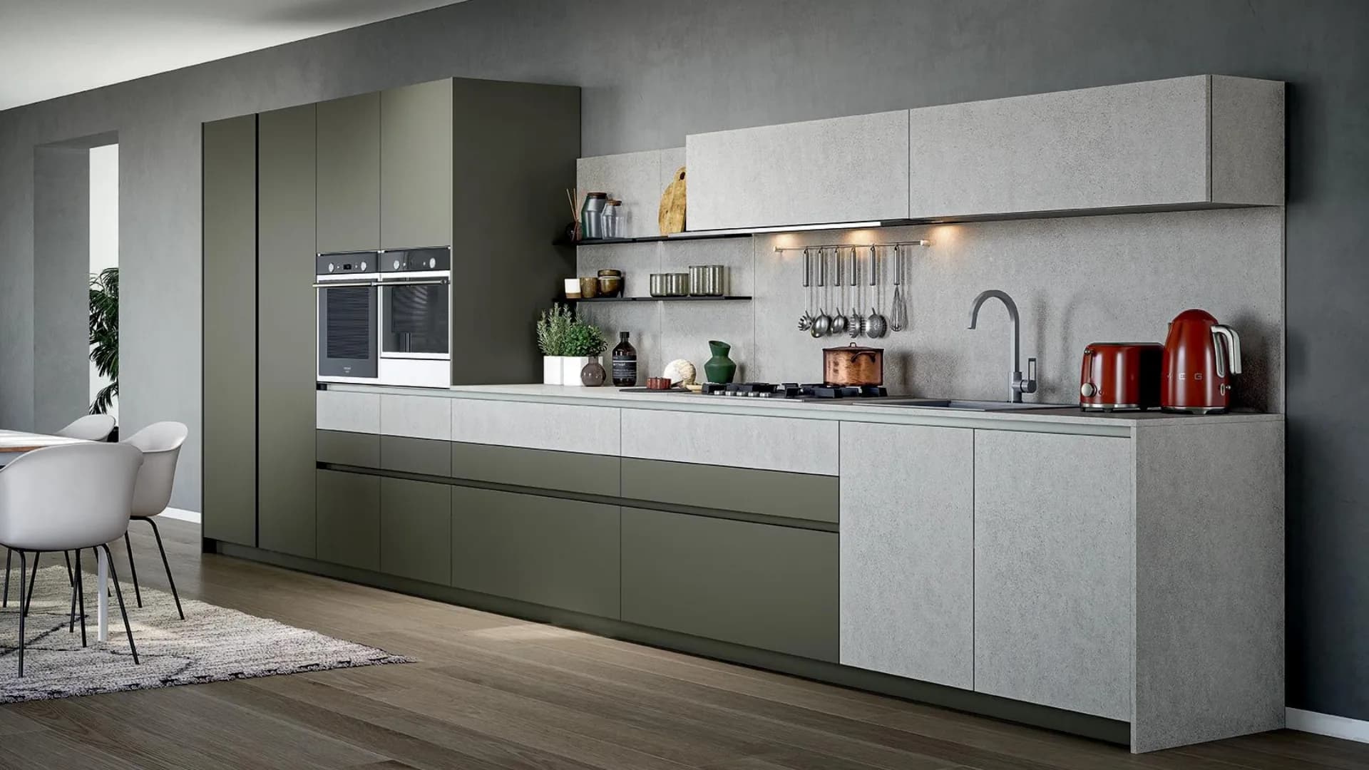 Cucina lineare verde oliva e cemento