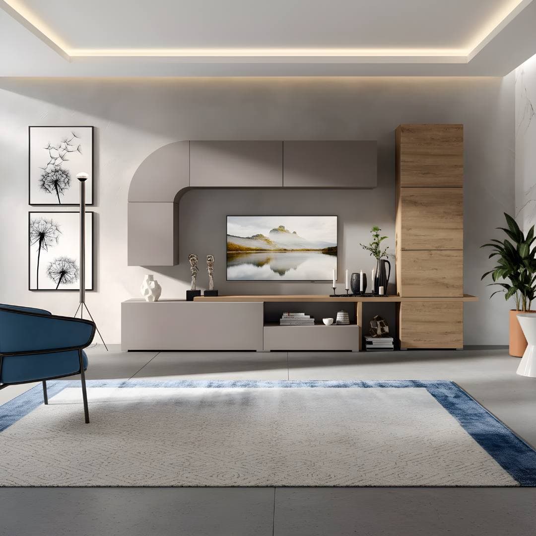 Parete attrezzata curva grigia e legno