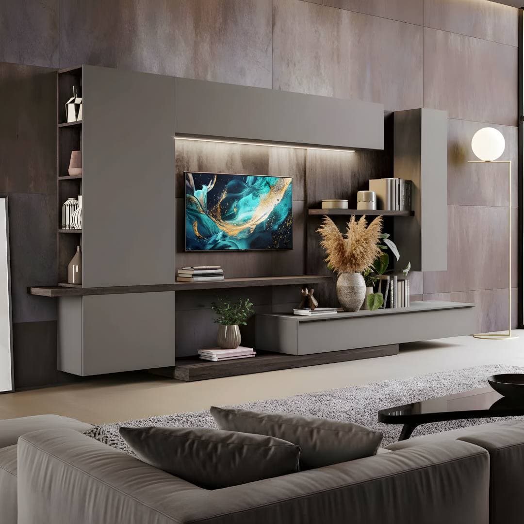 Soggiorno lusso con parete grigia e LED