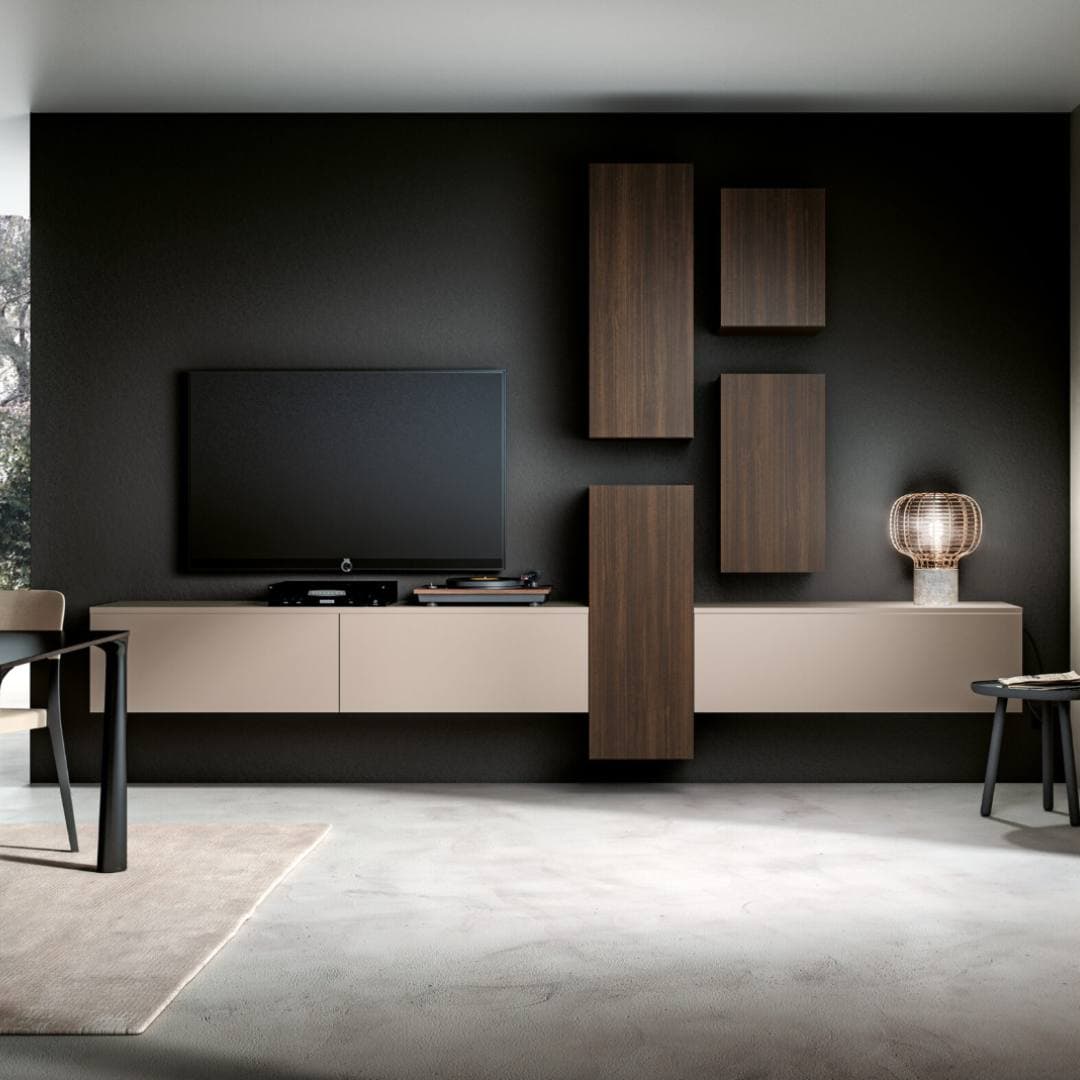 Mobile TV minimalista nero e legno su parete scura