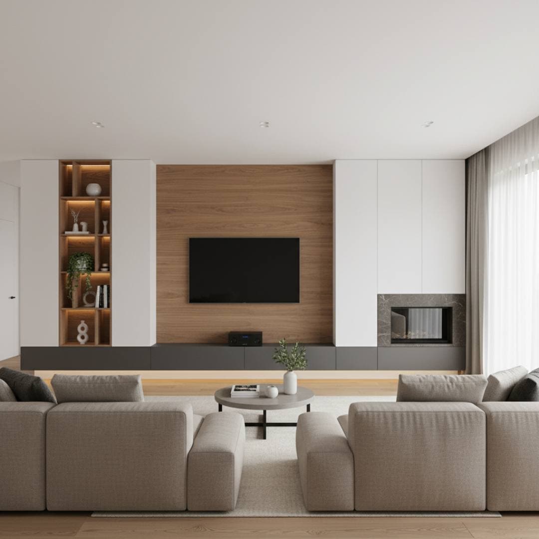 Parete attrezzata moderna con pannello TV in legno e camino
